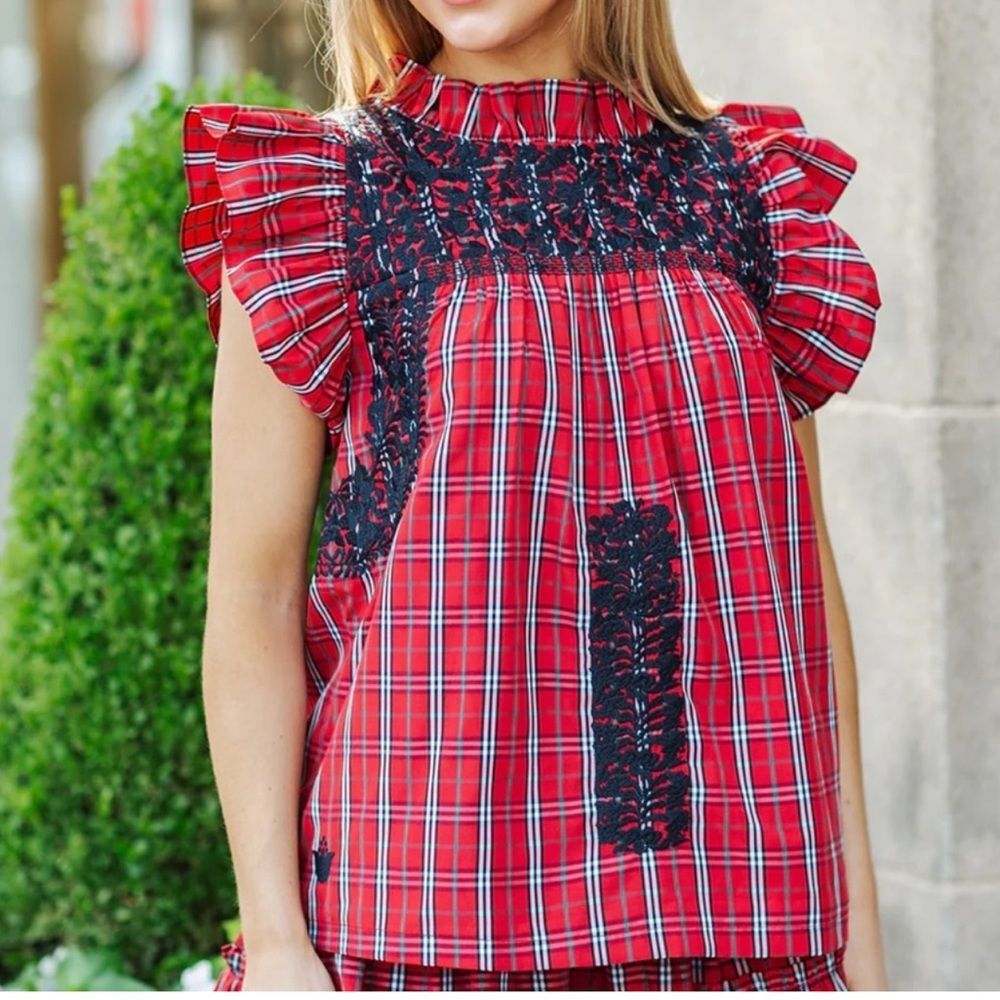 New J. Marie Rayna Embroidered Plaid Cap Sleeve Ruffle Neck Top Size Medium